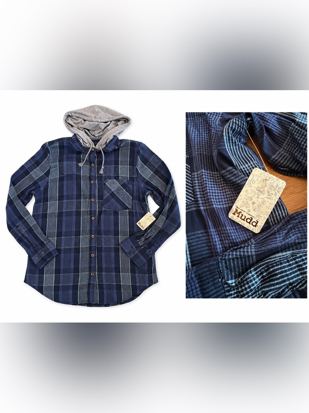 Mudd Y2K Plaid Hooded Button Down Shirt Navy Blue Gray NWT